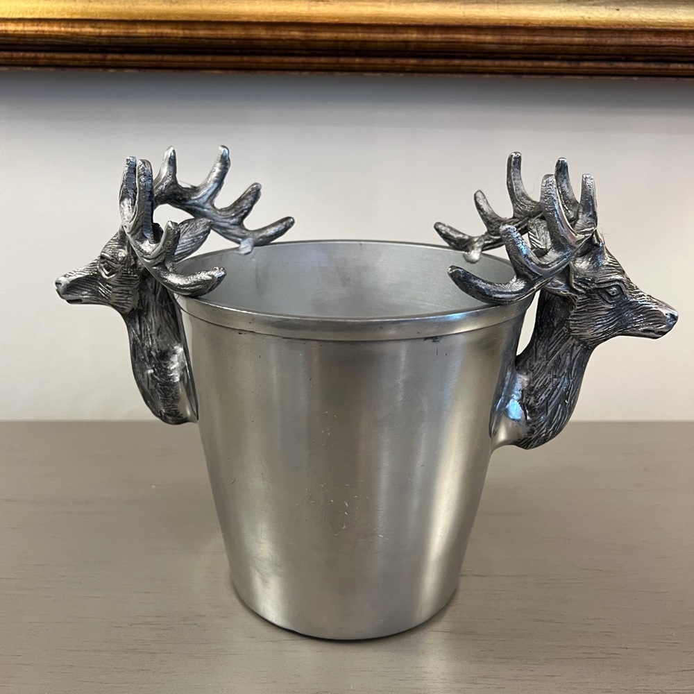 Stag Cast Aluminum Wine Chiller Ice Bucket Handles Deer Buck Antlers Silver Tone